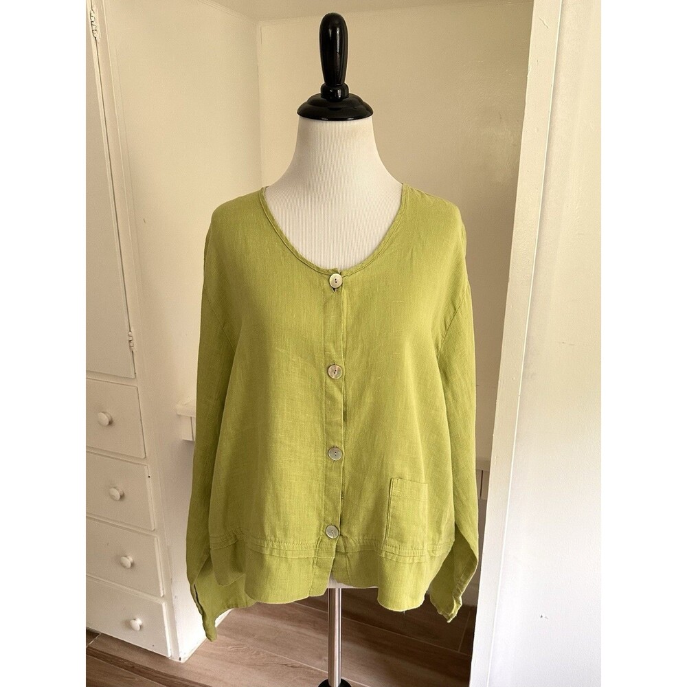 FLAX Womens Green Woven Linen Lagenlook Boho Long Sleeve Button Up Top Sz L - Picture 7 of 10